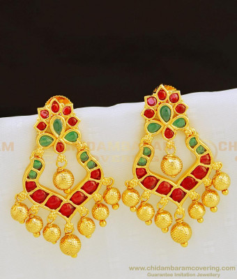 ERG845 - Beautiful Real Kemp Stone Chandbali Earrings Gold Plated Danglers for Wedding