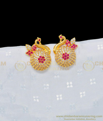 ERG947 - Unique Party Wear White and Pink Stone Peacock Design Earring One Gram Gold Earring Online