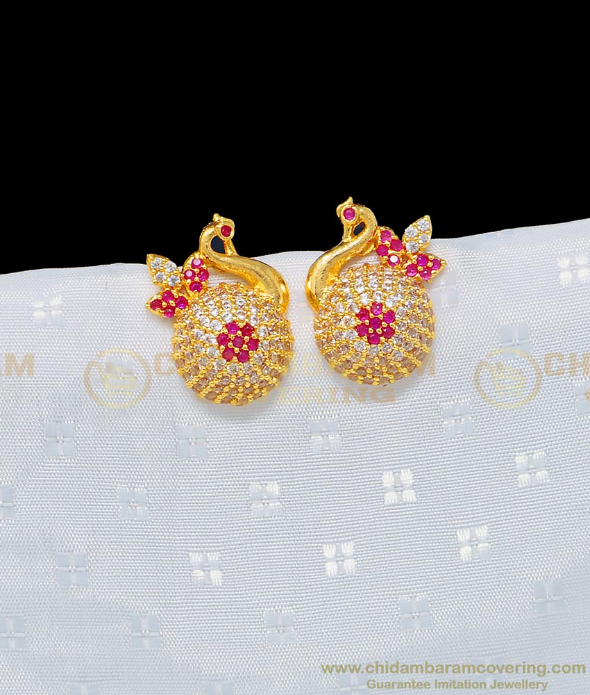 ERG947 - Unique Party Wear White and Pink Stone Peacock Design Earring One Gram Gold Earring Online