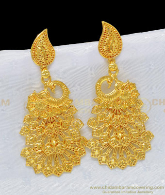 ERG950 - New Design Attractive Full Peacock Design Long Danglers One Gram Gold Earrings Online