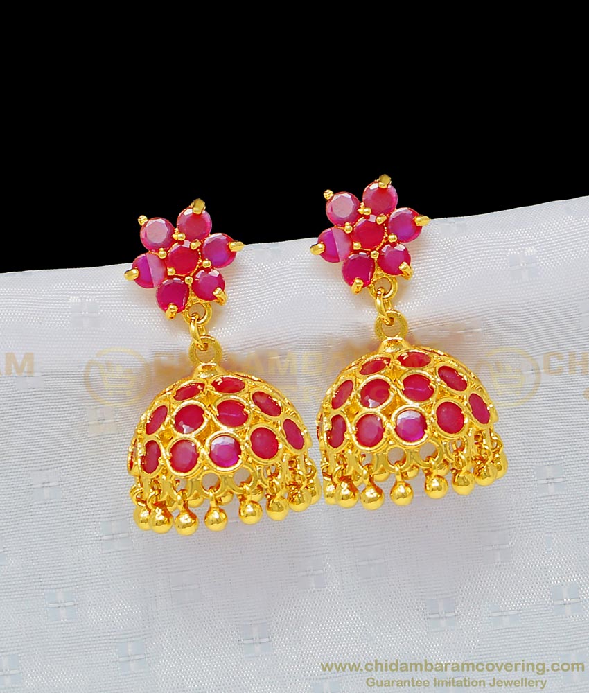 ERG955 - Beautiful Full Ruby Stone Jhumkas Earring New Jhumkas Design Gold Plated Buy Online 