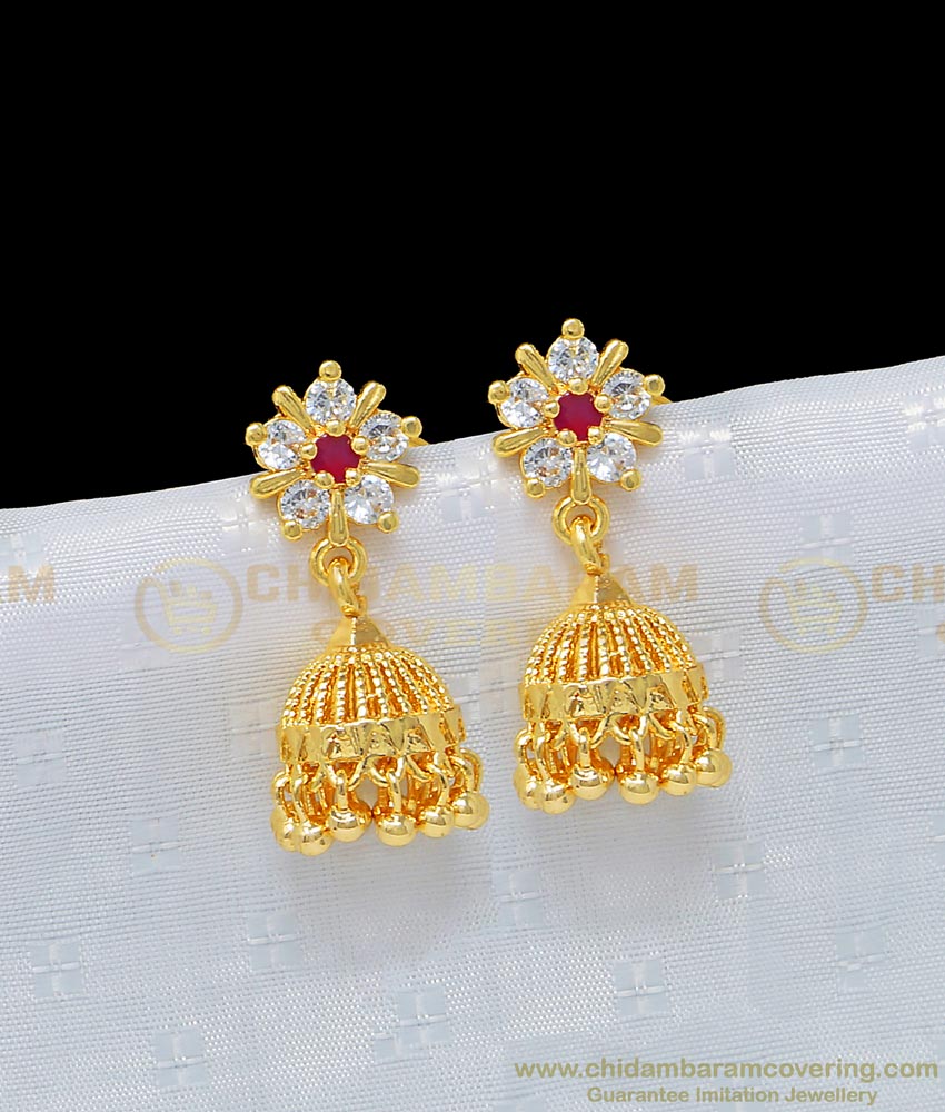 ERG974 - Traditional South Indian White and Ruby Ad Stone Jhumkas Design Jimiki for Women