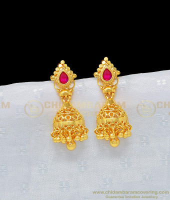 ERG984 - New Gold Design Ruby Stone Kerala Jimiki Medium Size Jhumkas Earrings for Women