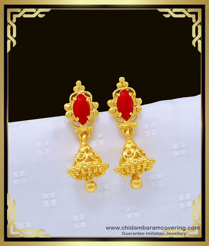 ERG985 - Traditional Red Coral South Indian Small Size Jhumkas Earrings for Girls