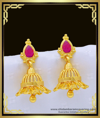 ERG986 - New Flower Design Pink Stone Kerala 1 Gram Gold Jimiki Traditional Jhumkas for Women