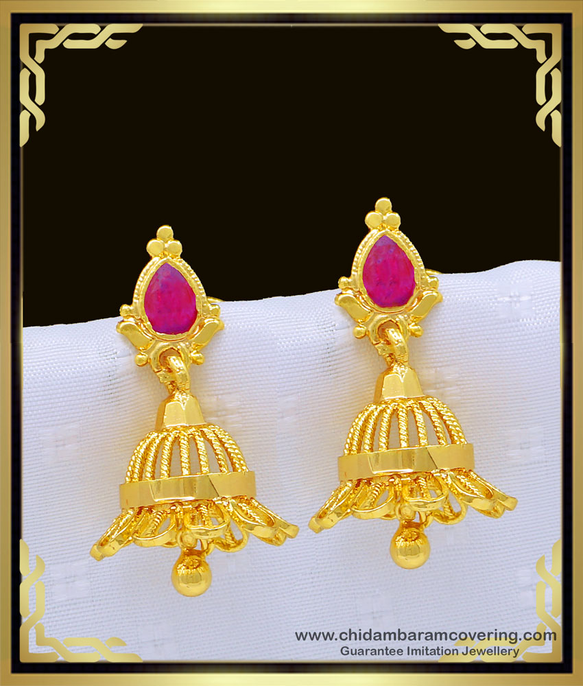 ERG986 - New Flower Design Pink Stone Kerala 1 Gram Gold Jimiki Traditional Jhumkas for Women