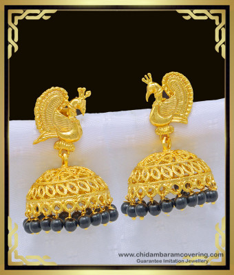 ERG995 - Attractive Peacock Design Gold Plated Black Beads Wedding Jhumkas Earring Online Shopping
