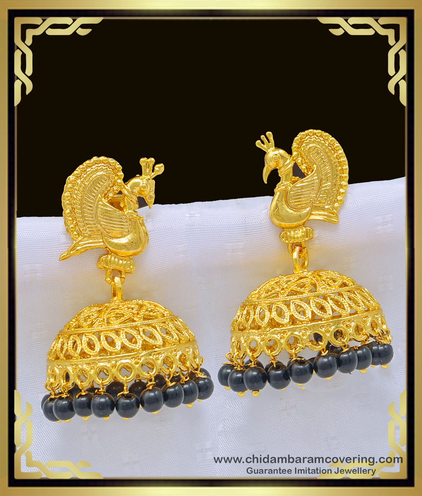 ERG995 - Attractive Peacock Design Gold Plated Black Beads Wedding Jhumkas Earring Online Shopping