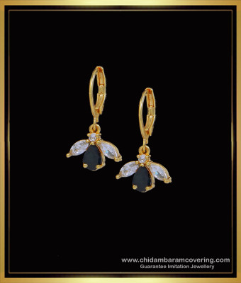 ERG1588 - Unique White and Black Stone Leaf Design Hoop Bali Earrings 