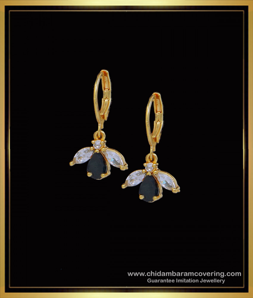 ERG1588 - Unique White and Black Stone Leaf Design Hoop Bali Earrings 