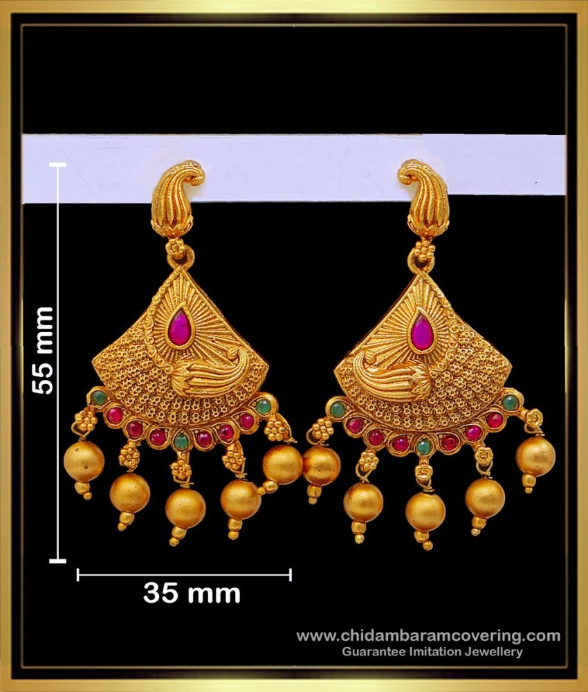 ERG1676 - South Indian Mango Design Antique Temple Gold Earrings 