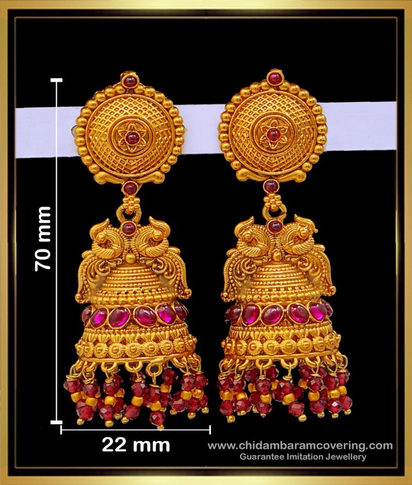 ERG1680 - Traditional Peacock Model Bridal Temple Gold Jhumka Designs Online
