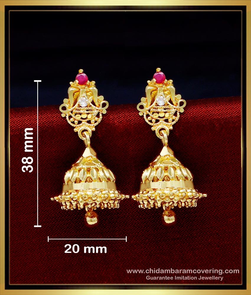 ERG1724 - Latest White and Ruby Stone Jhumka Earrings Gold Design 