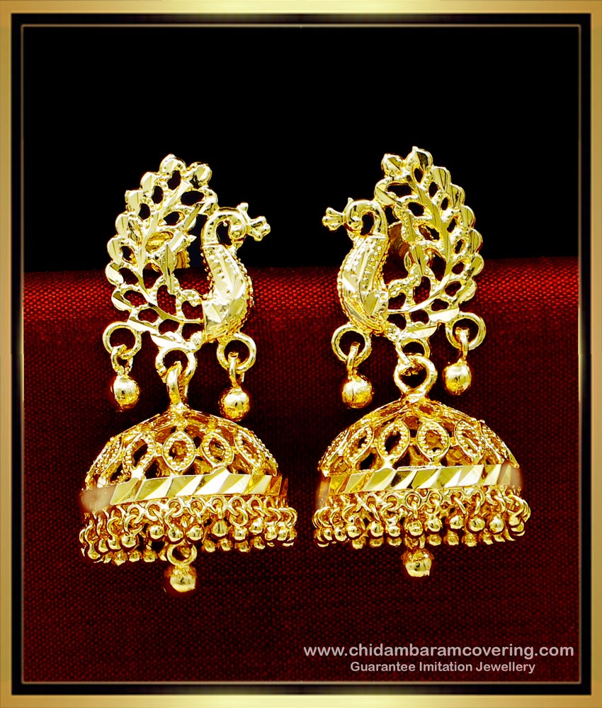 ERG1727 - Beautiful Peacock Model Bridal Gold Jhumka Design 
