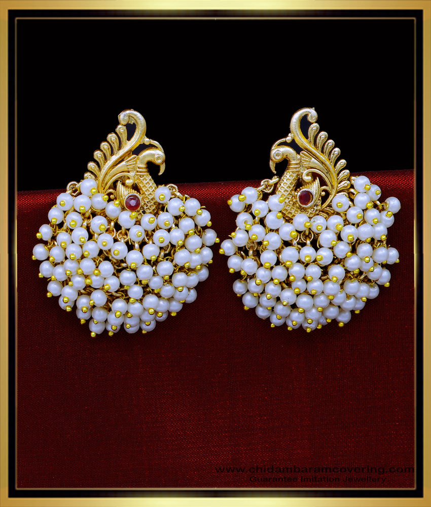 ERG1818 - Beautiful Party Wear Peacock Design White Beads Antique Earrings 
