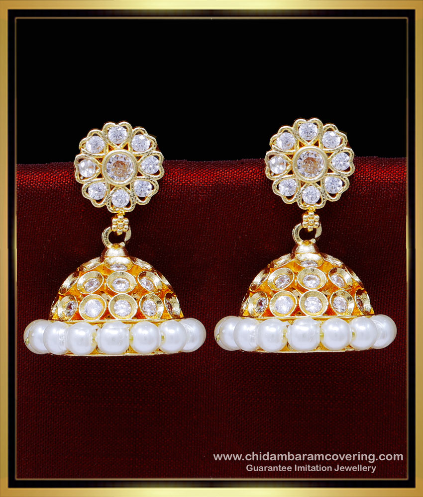 ERG1832 – Best Quality White Stone Pearl Jhumka Earrings Design 