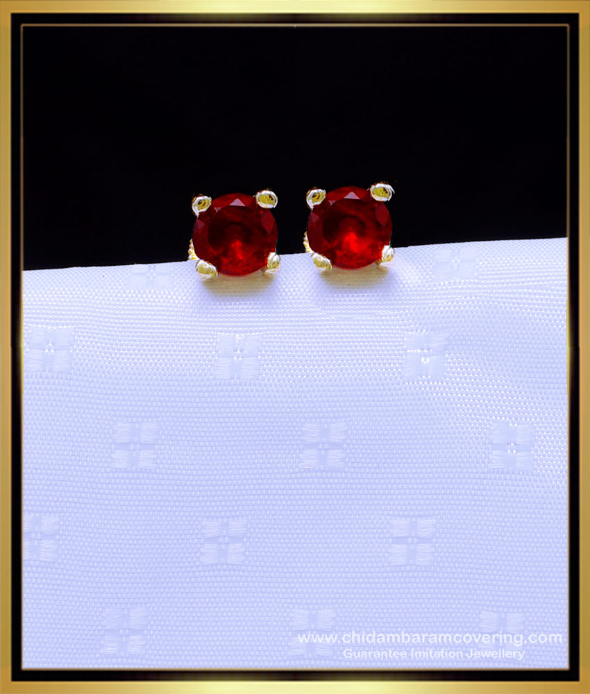ERG1889 - Simple Singles Red Stone Stud Earrings Gold Design