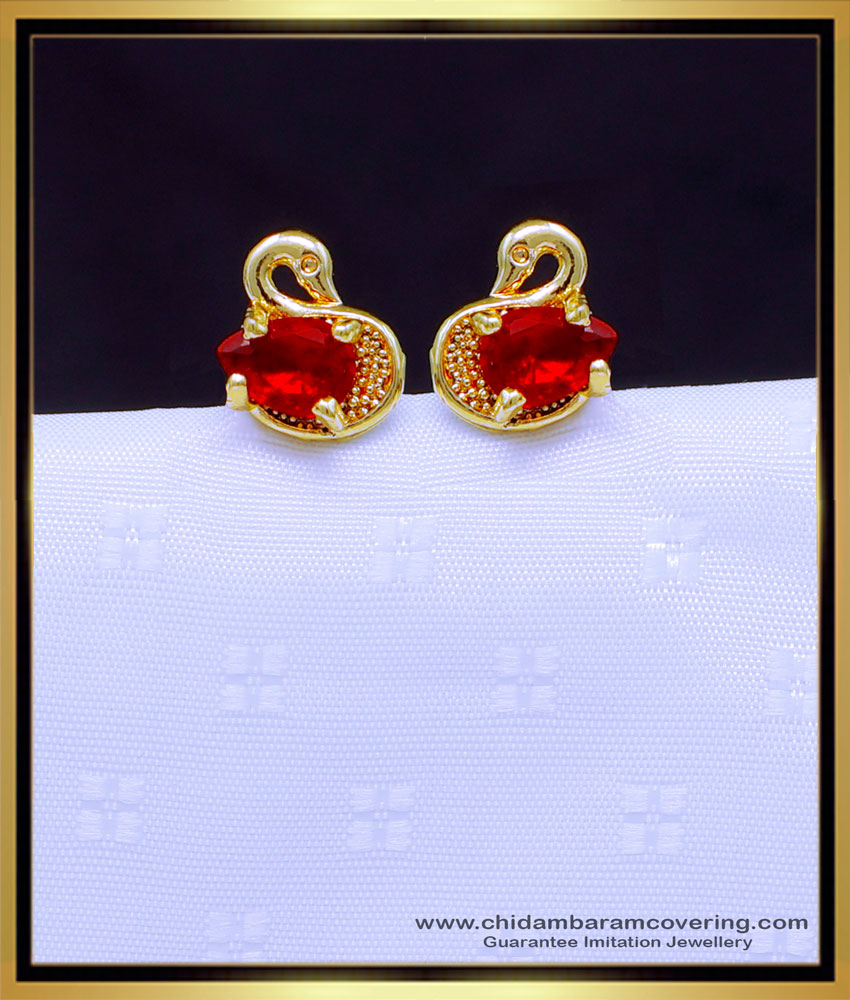 ERG1897 - Single Red Stone Duck Design Stud Earrings Gold Design