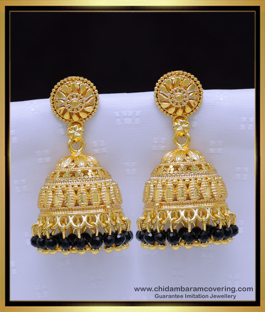 Erg1909 - Traditional Jimikki Kammal Black Crystal Jhumka Earrings