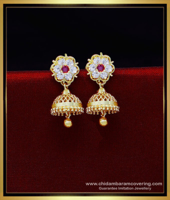 ERG1958 - Beautiful White and Ruby cz Jhumka Earrings Online