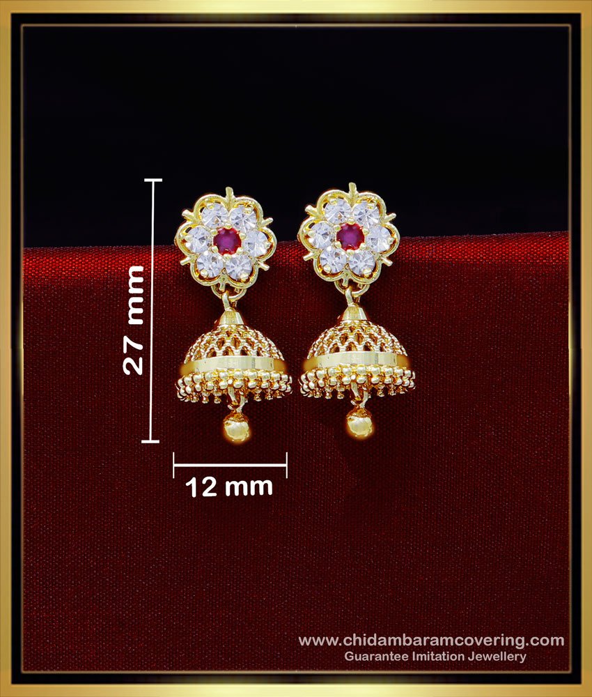ERG1958 - Beautiful White and Ruby cz Jhumka Earrings Online