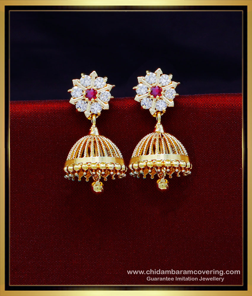 ERG1959 - Cute White Stone Gold Jhumka Design Latest for Women