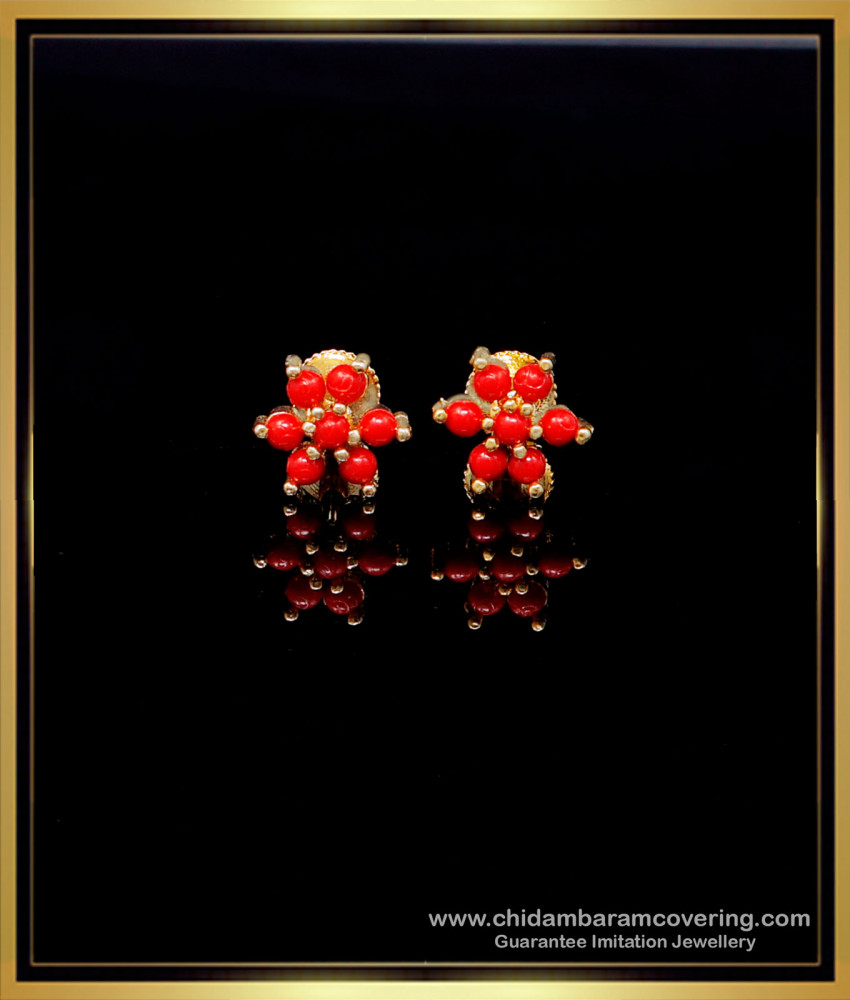 ERG1964 - Flower Model Red Coral Ear Stud Design Gold Look Online