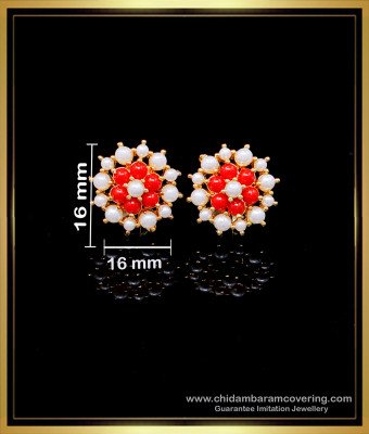 ERG1970 - Pearl and Coral Stud Earrings Circle Design for Women
