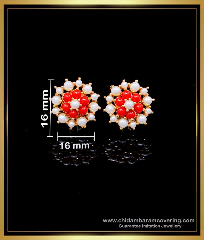 ERG1970 - Pearl and Coral Stud Earrings Circle Design for Women