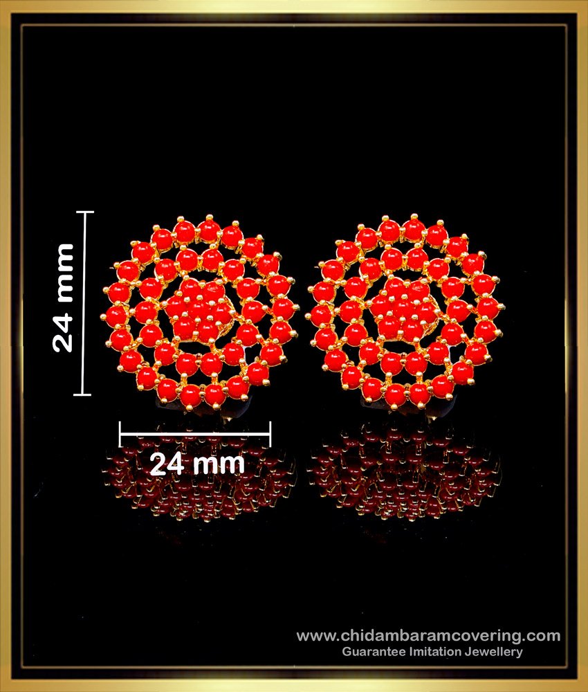 ERG1973 - South Indian Jewelry Red Coral Earrings Gold Designs