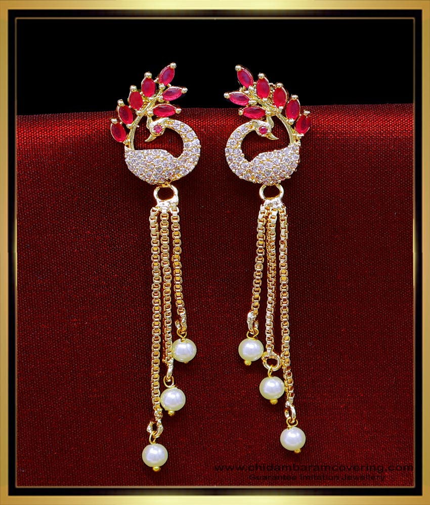 ERG2031 - Trendy Ad Stone Long Gold Earrings Design Hanging Pearls
