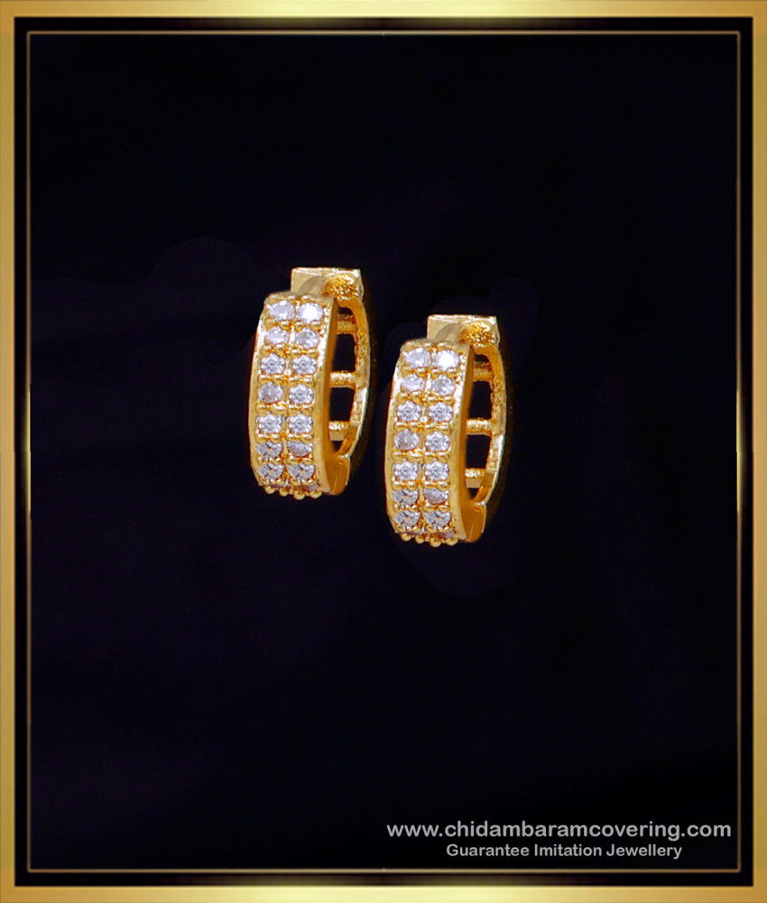 ERG2064 - Cute Simple Light Weight White Stone Hoop Earrings Gold