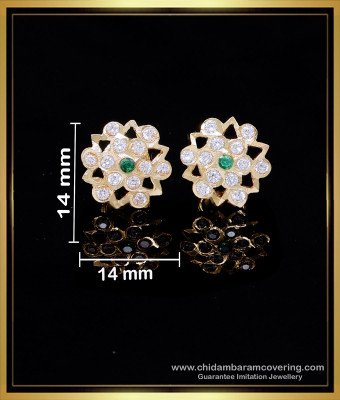 ERG2134 - White and Emerald Stone Small Ear Studs Gold Designs