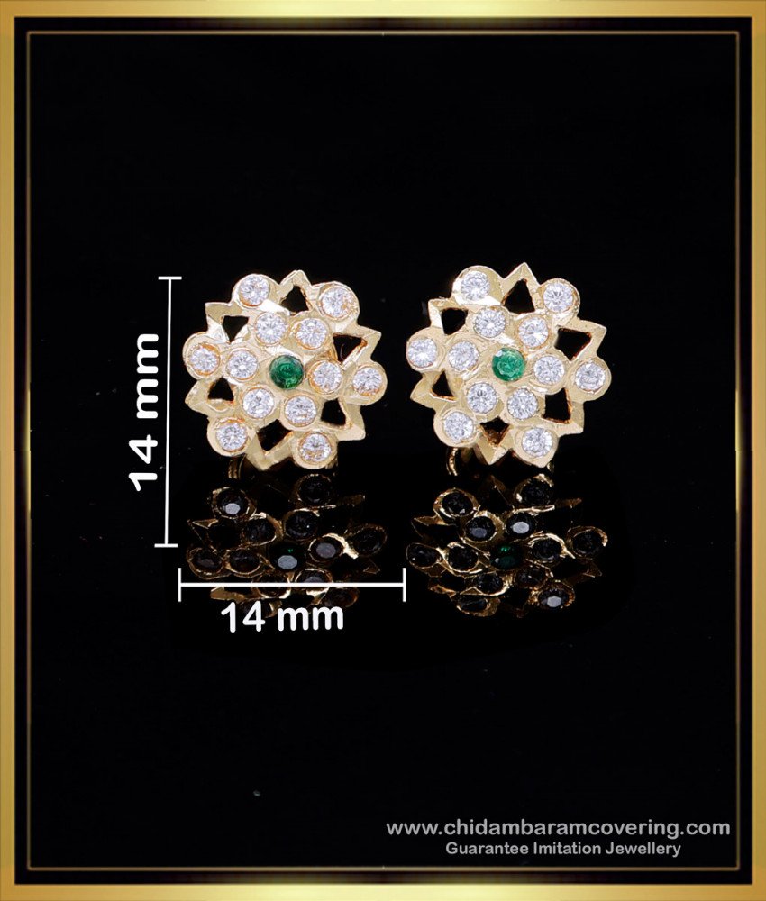 ERG2134 - White and Emerald Stone Small Ear Studs Gold Designs