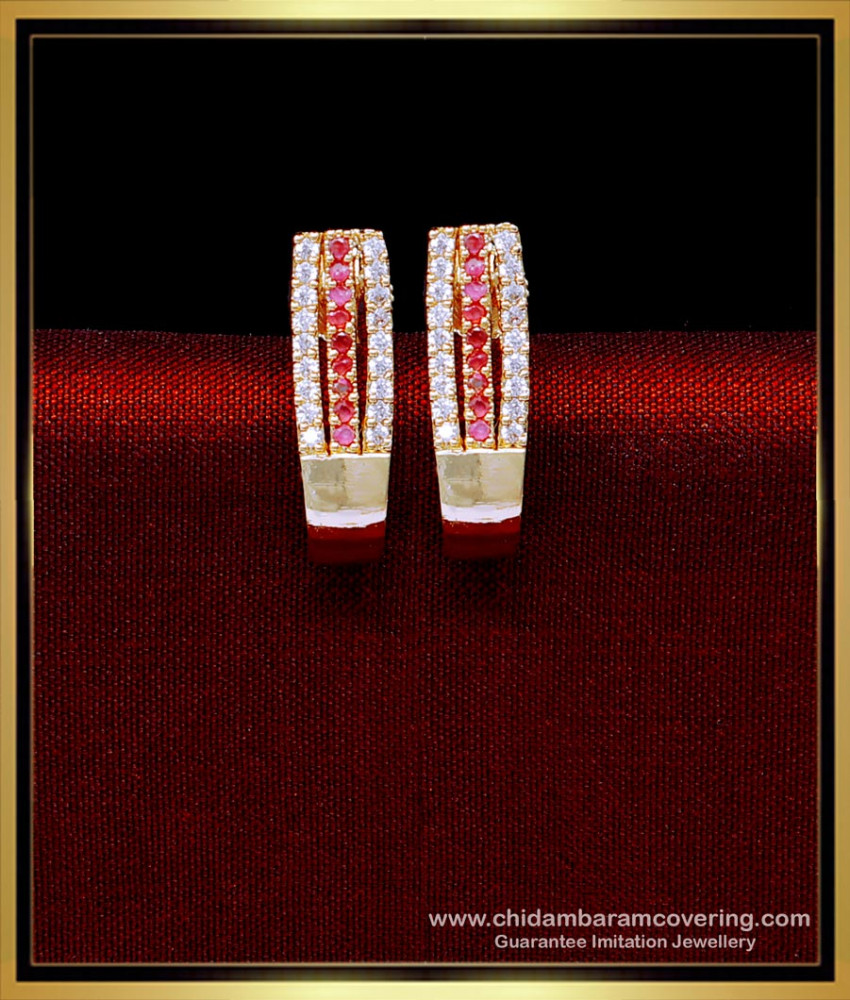ERG2163 - 1 Gram Gold Plated White and Ruby J Type Stud Earrings
