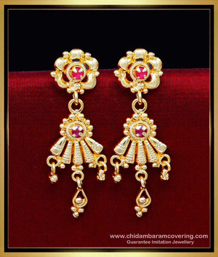 ERG2187 - Elegant Red Stone Hanging Earrings Gold Pattern Online