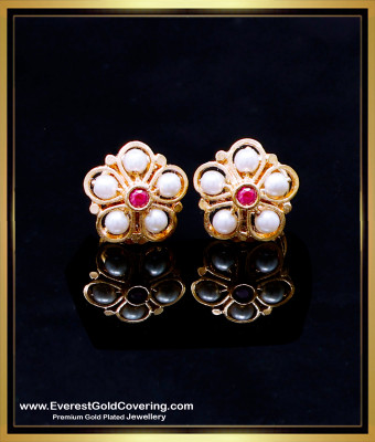 ERG2258 - Gold Pattern Impon Pink Stone with Pearl Earrings