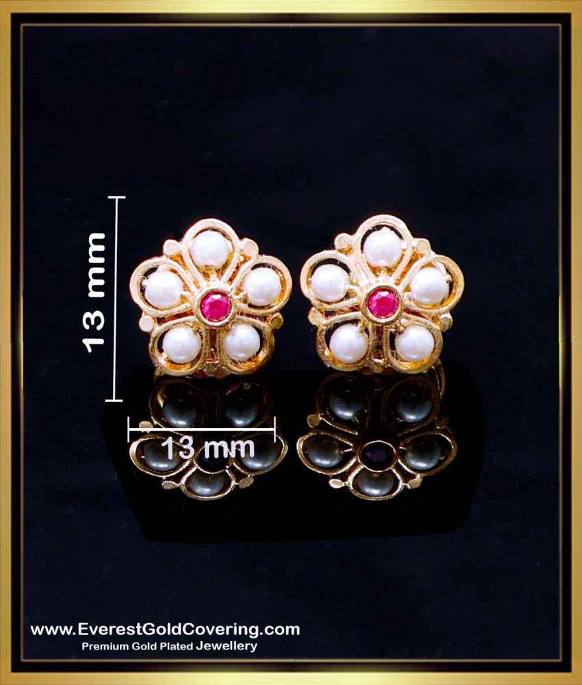ERG2258 - Gold Pattern Impon Pink Stone with Pearl Earrings
