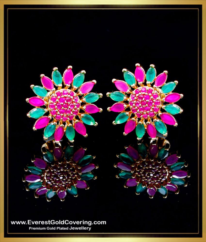 ERG2262 - Beautiful Ruby Emerald Stone Stud Earrings Gold