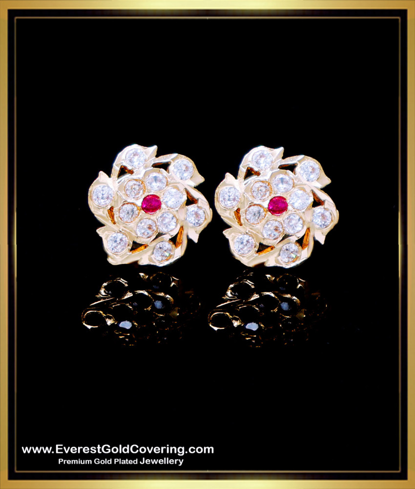 ERG2282 - Beautiful White and Ruby Stone Impon Stud Earrings