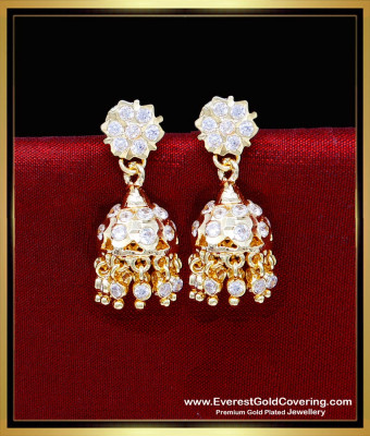 ERG2307 - Impon Gold Design White Stone Small Jhumkas Earrings