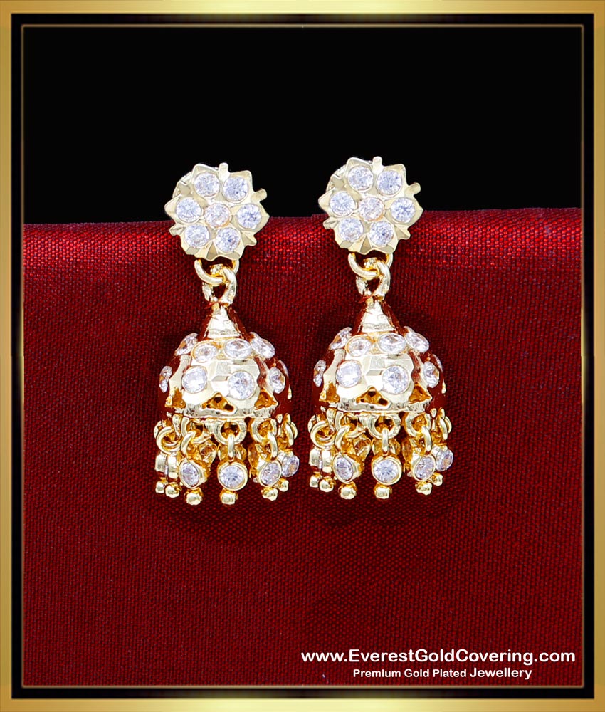 ERG2307 - Impon Gold Design White Stone Small Jhumkas Earrings
