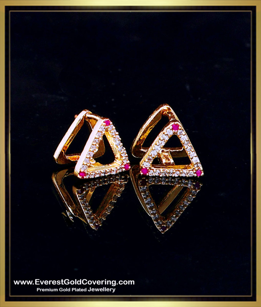 ERG2371 - Latest White and Ruby Stone Triangle Hoop Earrings