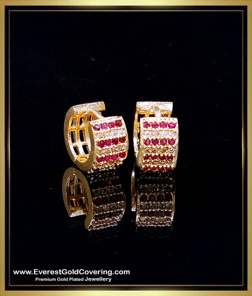 ERG2378 - Trendy White and Ruby Stone 1 Gram Gold Bali Earrings