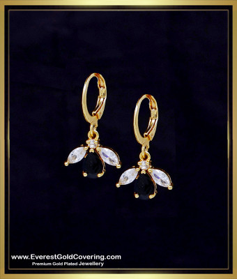 ERG2384 - White and Black Stone Leaf Design Hoop Bali Earrings