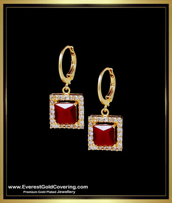 ERG2389 - Modern Gold Look White and Ruby Stone Hoop Earrings