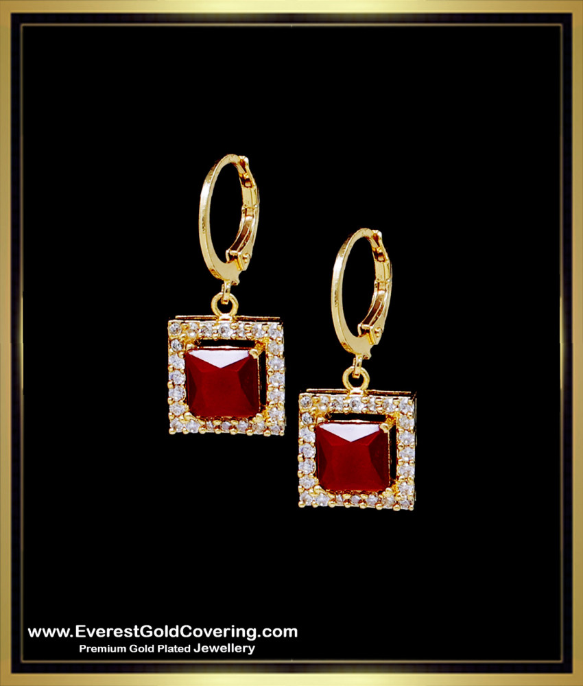 ERG2389 - Modern Gold Look White and Ruby Stone Hoop Earrings