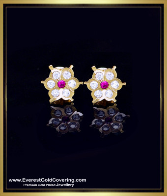 ERG2401 - Impon White and Ruby Stone Everyday Gold Stud Earrings