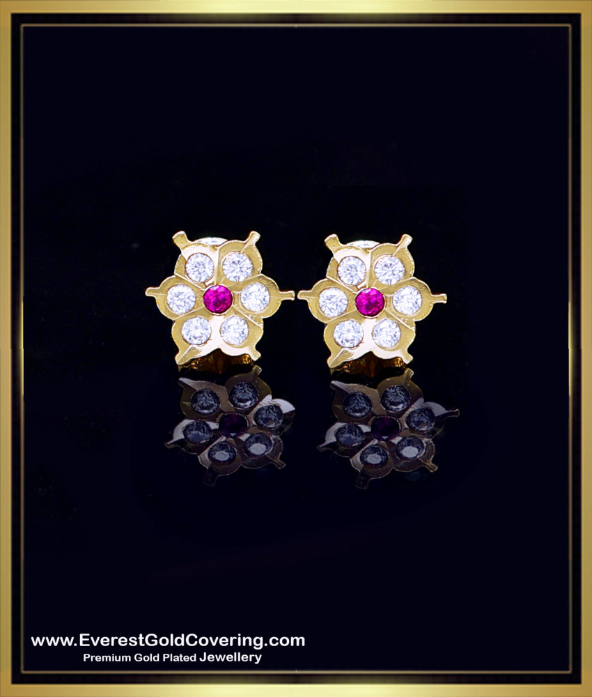 ERG2401 - Impon White and Ruby Stone Everyday Gold Stud Earrings