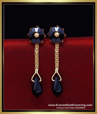 ERG2440 - New Black Stone with Crystal Long Gold Plated Earrings